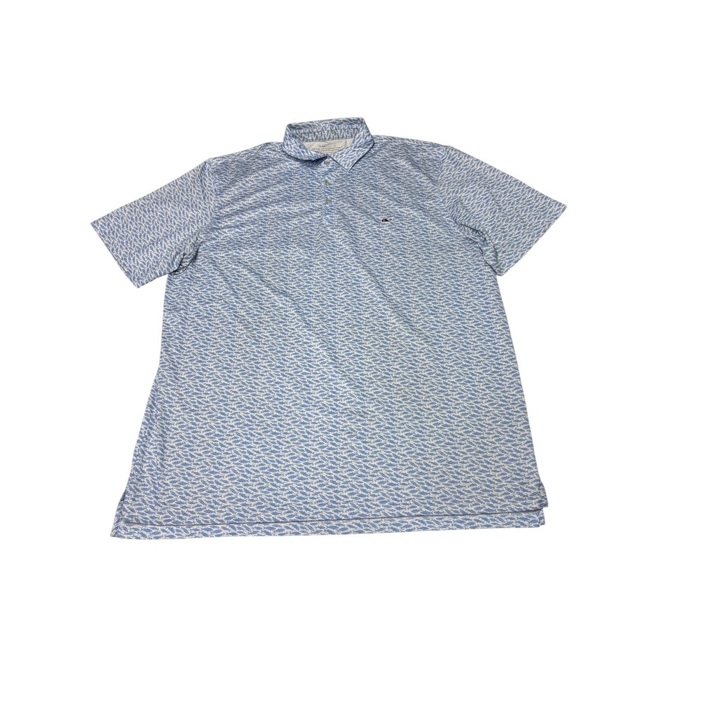 Vineyard Vines Mens XL On-The-Go Sankaty Polo Blue Fish Print Performance Shirt